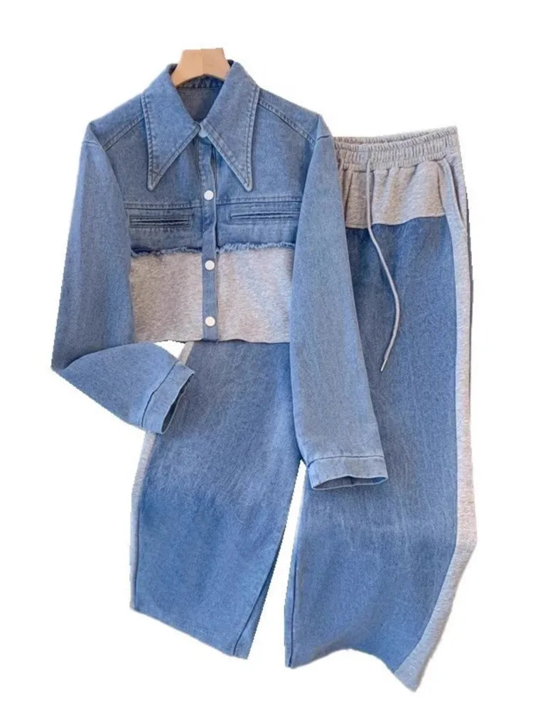 Blue Patchwork Pants Sets Women Fashion Long Sleeve Single-Breasted