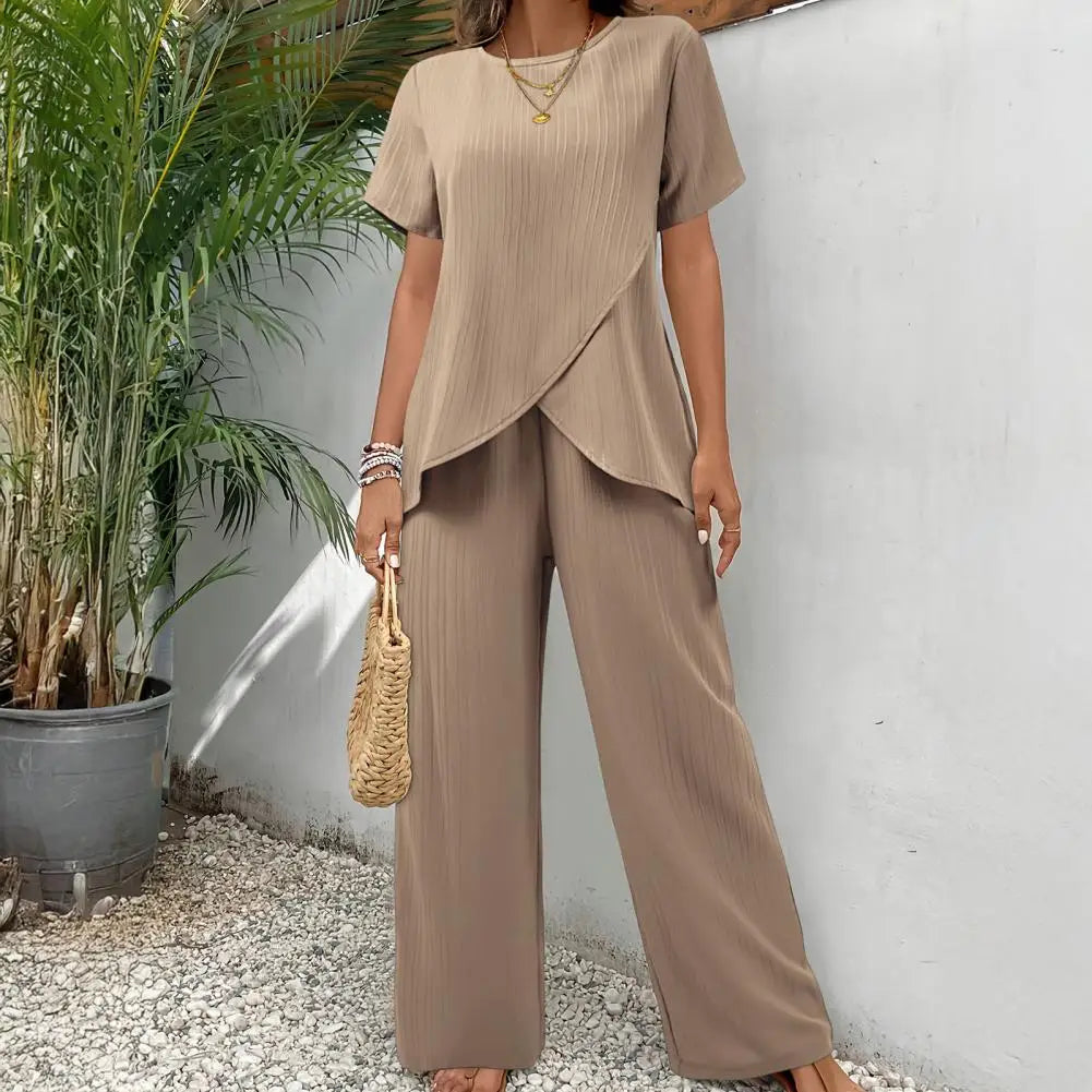 Casual Solid Suit Women Summer Fashion Round Neck Short Sleeve