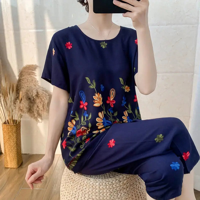 Summer Women Cotton Linen Short Sleeve Set Large Size Middle-Aged