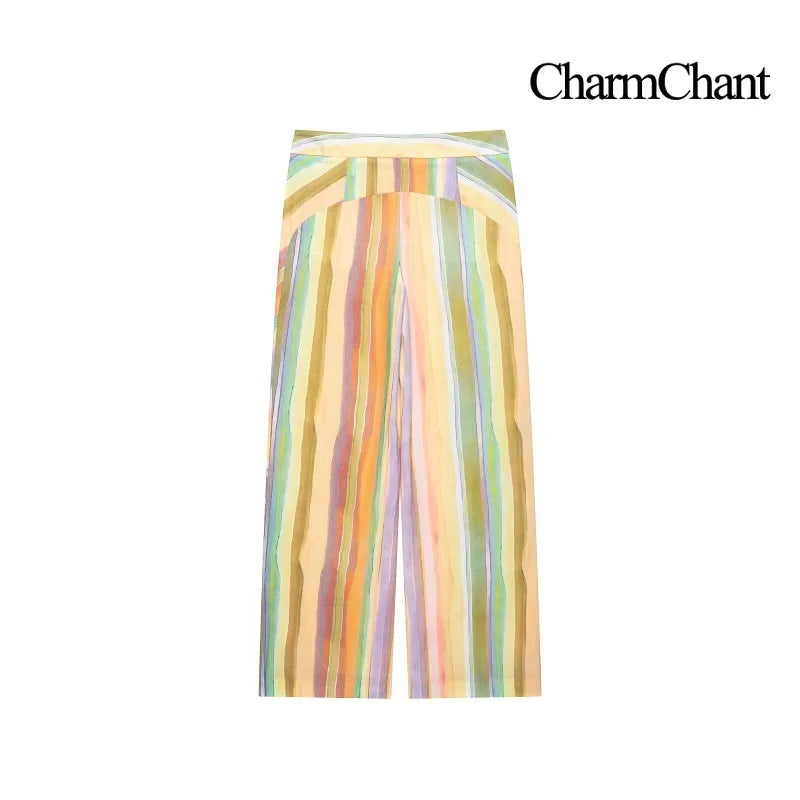 Charmchant Women's Colorful Stripe Two Piece Outfit Halter Backless