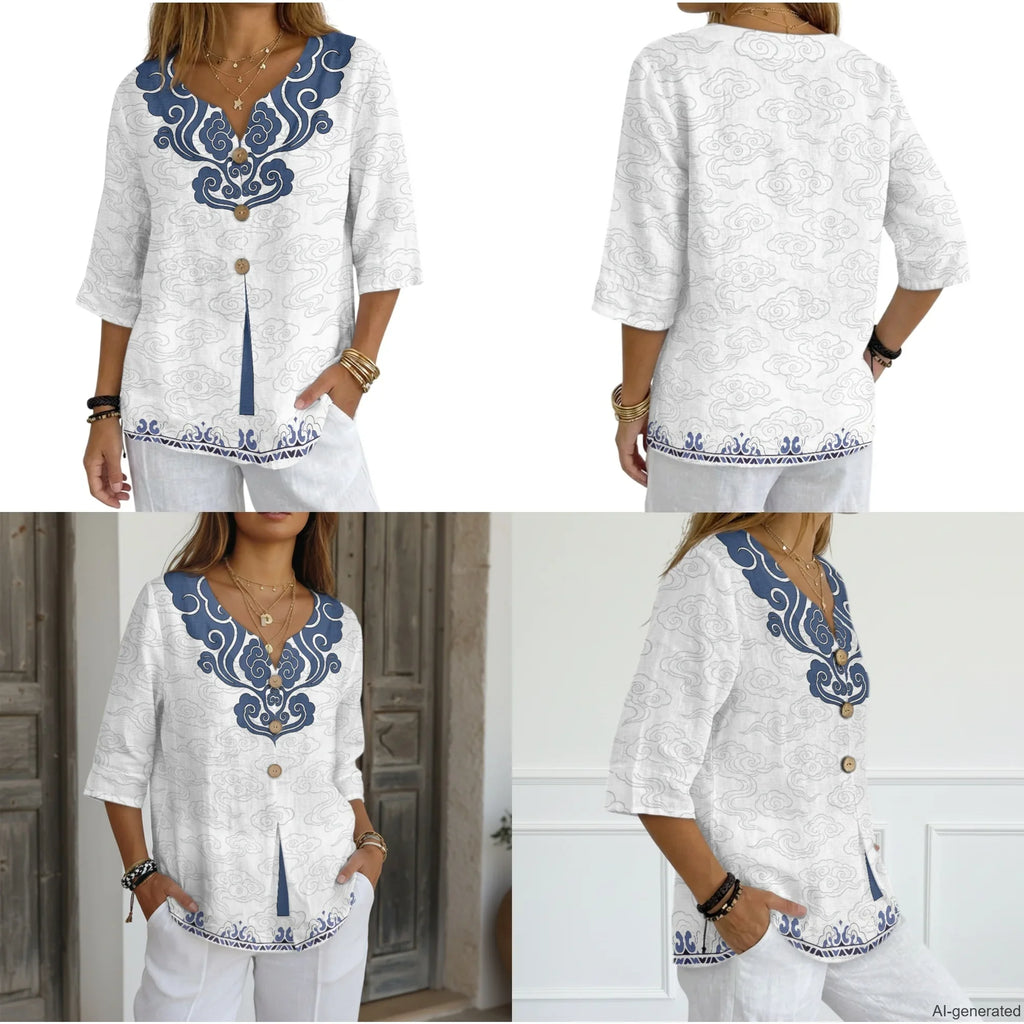 INSTANTARTS Elegant Sets Two Piece Set Linen Shirt Wide-leg Pants Set Wave Set for Woman Linen Pants and Blouse Set S-3XL