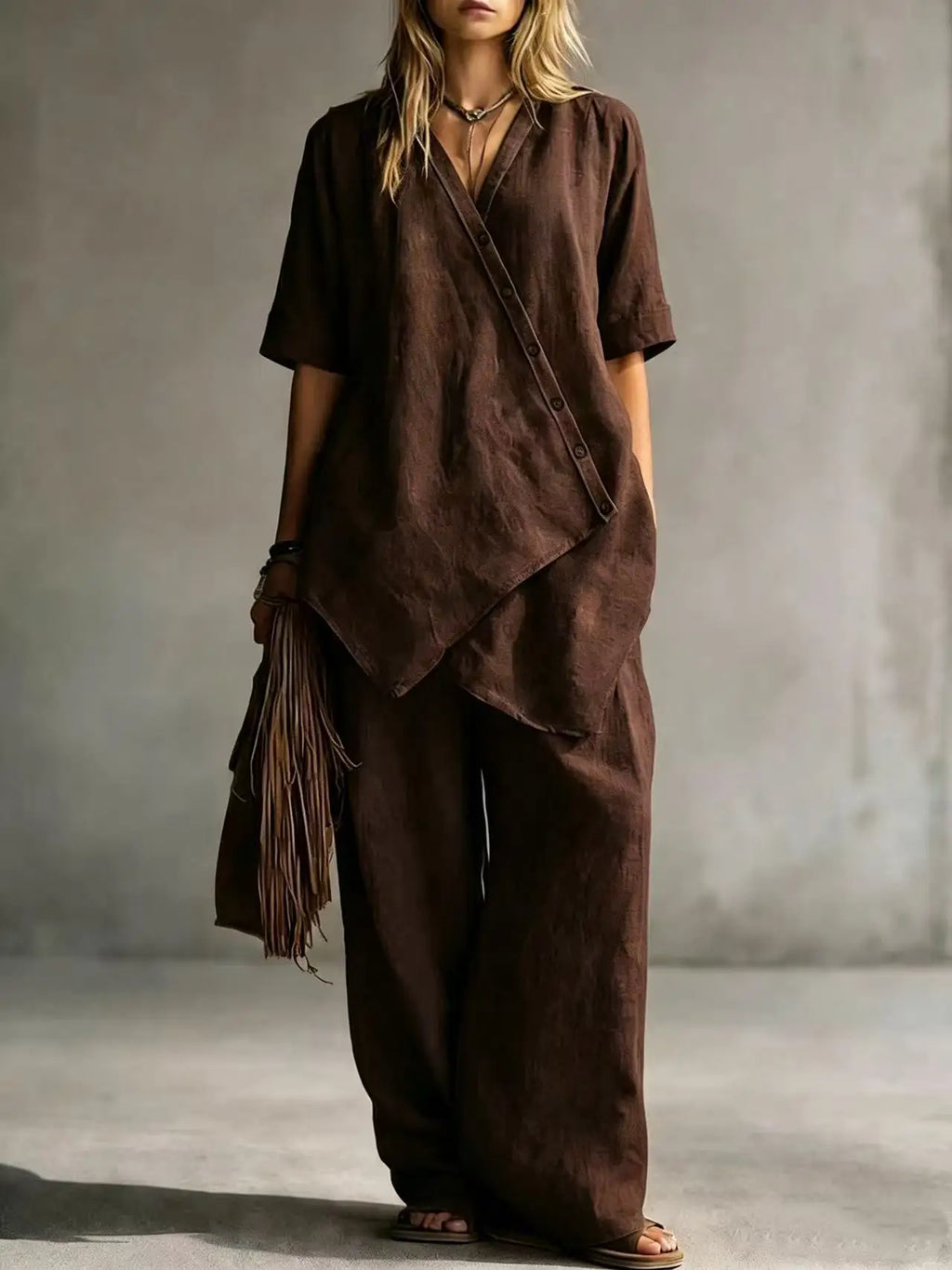 Women's Fashion Casual Solid Color V-Neck Loose Short Sleeve Top and