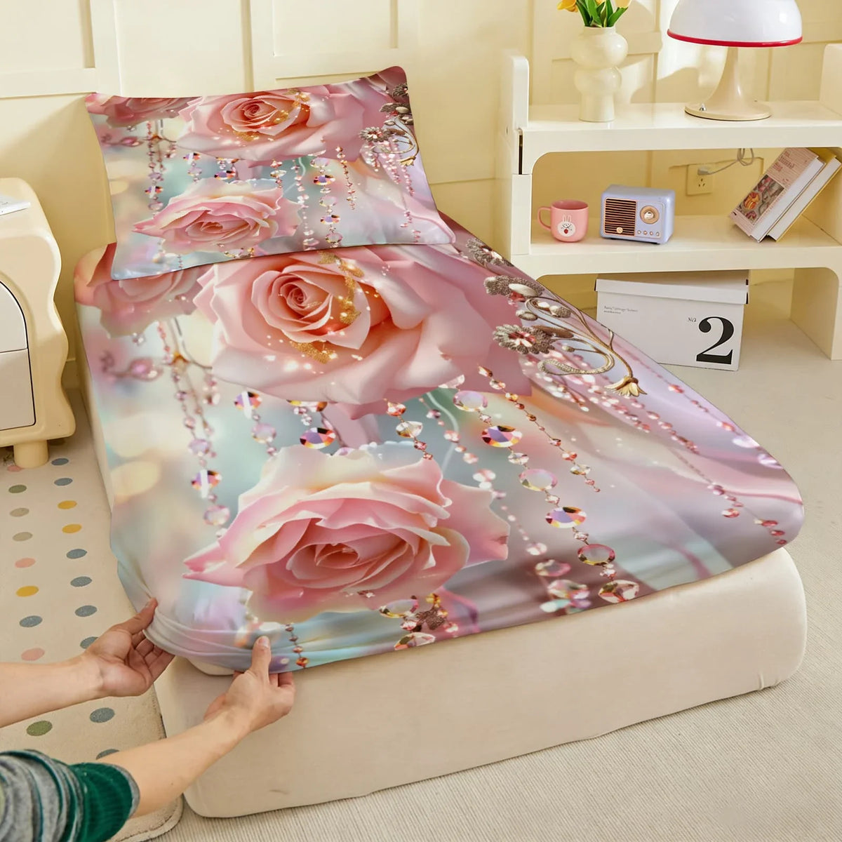 1pc 3D Pink Roses with Crystal Bead Print Fitted Sheet Deep Pocket