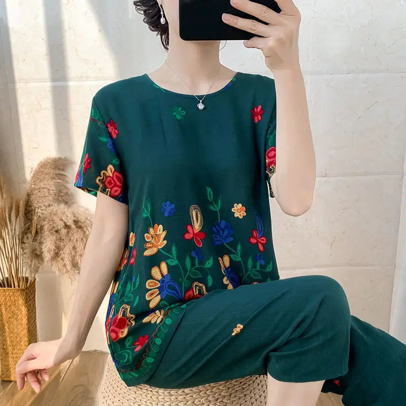 Summer Women Cotton Linen Short Sleeve Set Large Size Middle-Aged