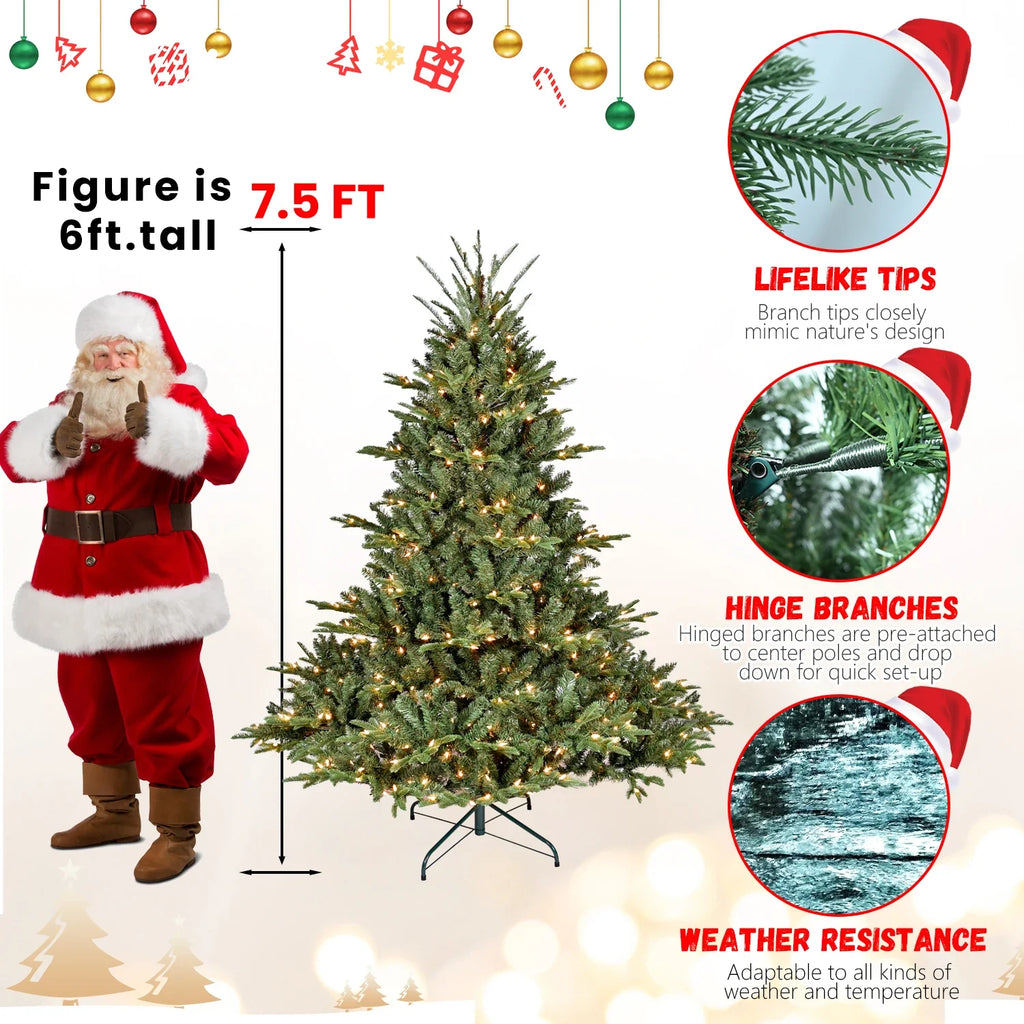 7.5ft Full-Shape Christmas Tree with 850 UL Certified Lights, 2441 PE/PVC Mixed Branch Tips, Hinged Easy Setup Artificial Tree with Wide Base and Metal Stand, Green