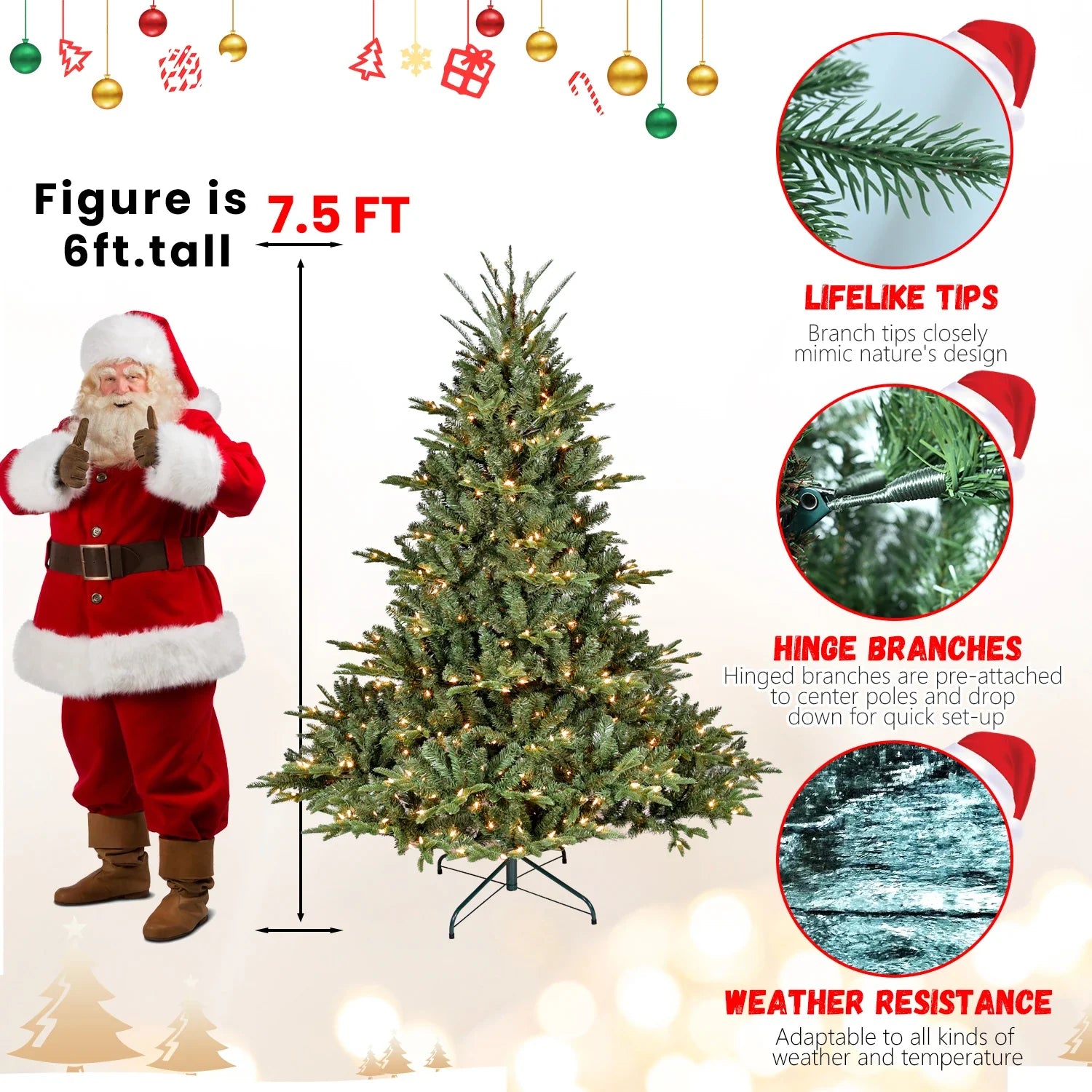 7.5ft Full-Shape Christmas Tree with 850 UL Certified Lights, 2441 PE/PVC Mixed Branch Tips, Hinged Easy Setup Artificial Tree with Wide Base and Metal Stand, Green
