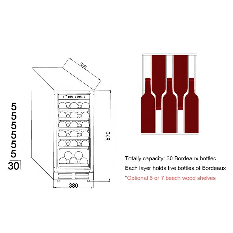 Top Rated Upright Compressor Wine Cooler 31 Bottles Beverage Fridge with CE for Europe Home Bar Kitchen Office Apartment