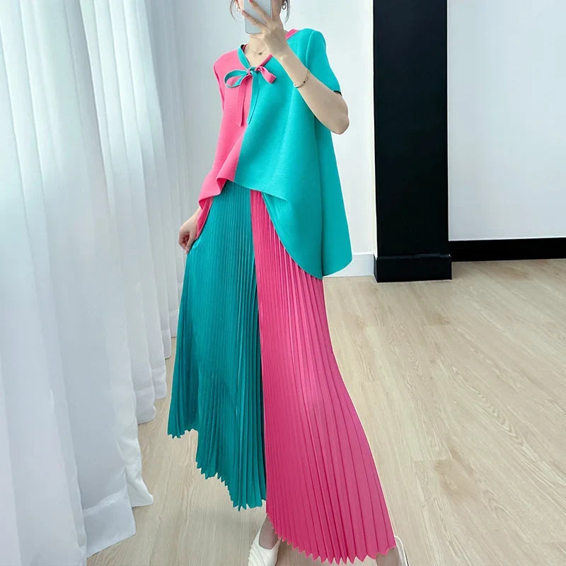 Blouse Pants Suit Women Summer Youthful Pleated Tie-Front Delicate