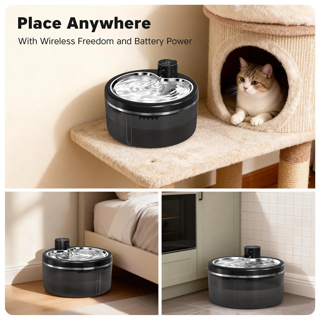 3L Wireless Cat Water Fountain Mute Pet Water Dispenser With Stainless Steel Tray and Intelligent Sensing, 4000mAh Large Battery