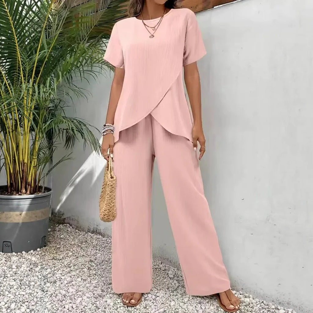 2 Pieces Women Sets Summer Short-Sleeved Irregular Round-Neck Loose