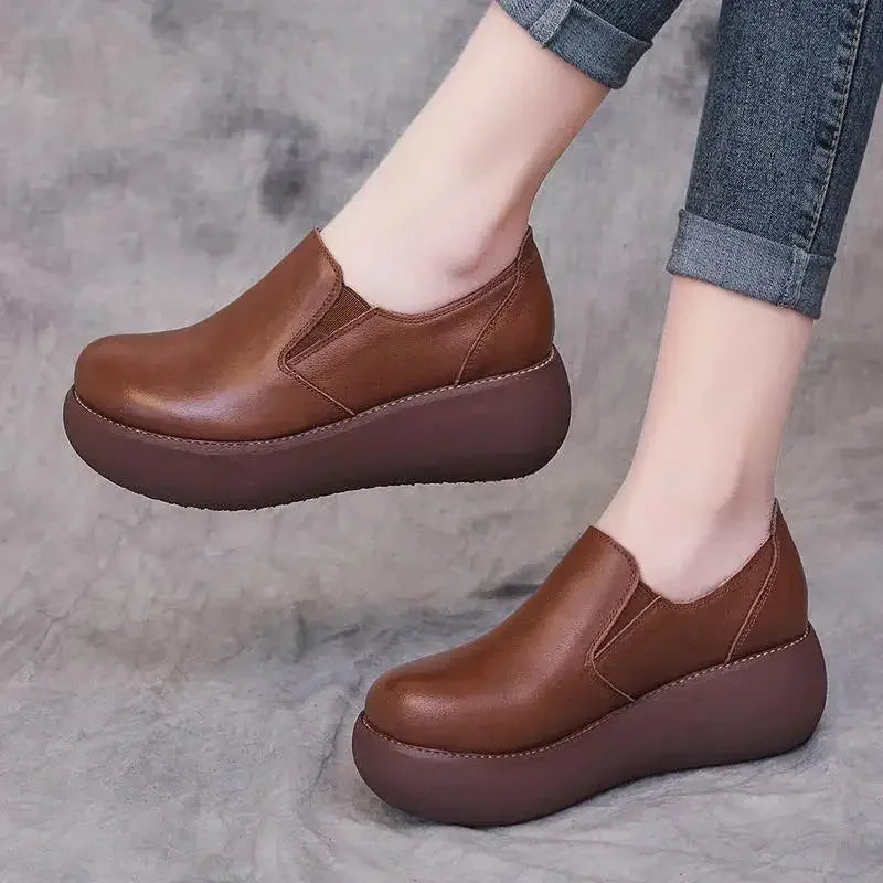 Leather Wedges Shoes Loafer Round Toe Platform Pumps Slip on Leisure
