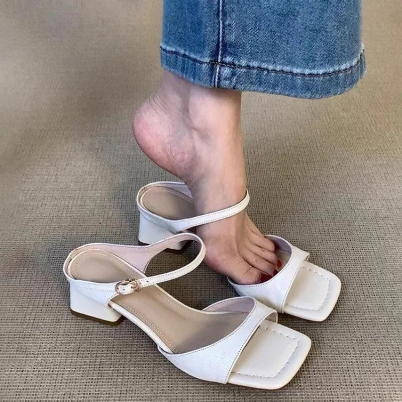 Women's Shoes 2025 New Concise Buckle Strap Square Heel Women's Slippers Fashion Peep Toe Versatile Large Size Modern Slippers