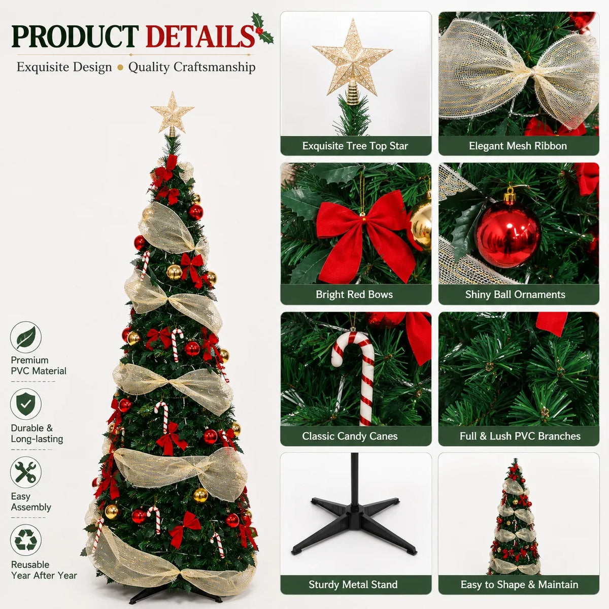 Artificial Christmas Tree with Lights Red Gold Decorations PVC Xmas Tree Easy Assembly 150/180/210cm Holiday Home Decor