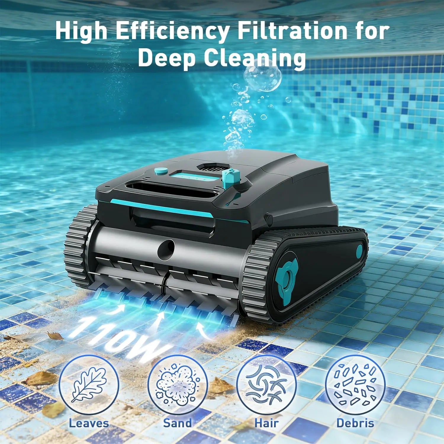 Cordless robotic pool cleaner for above-ground and in-ground pools; features automatic parking; maximum cleaning coverage of 19.8 meters / 1,100 square meters (tracked model).