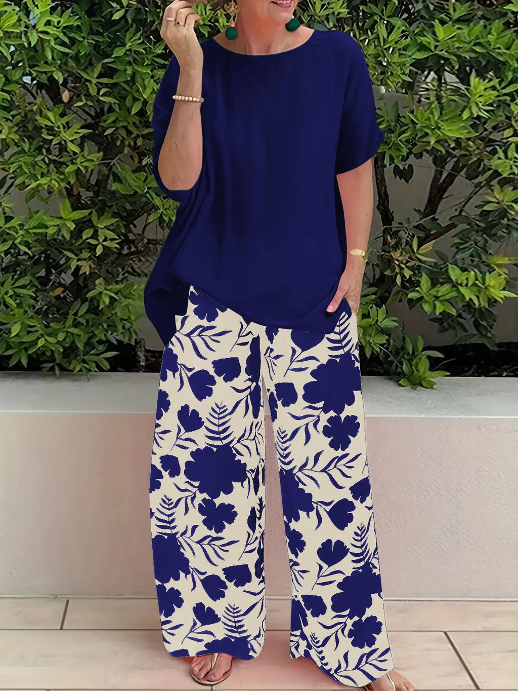 Wide Leg Pant Two Piece Set Women Fashion Short Sleeve Shirt and Pant