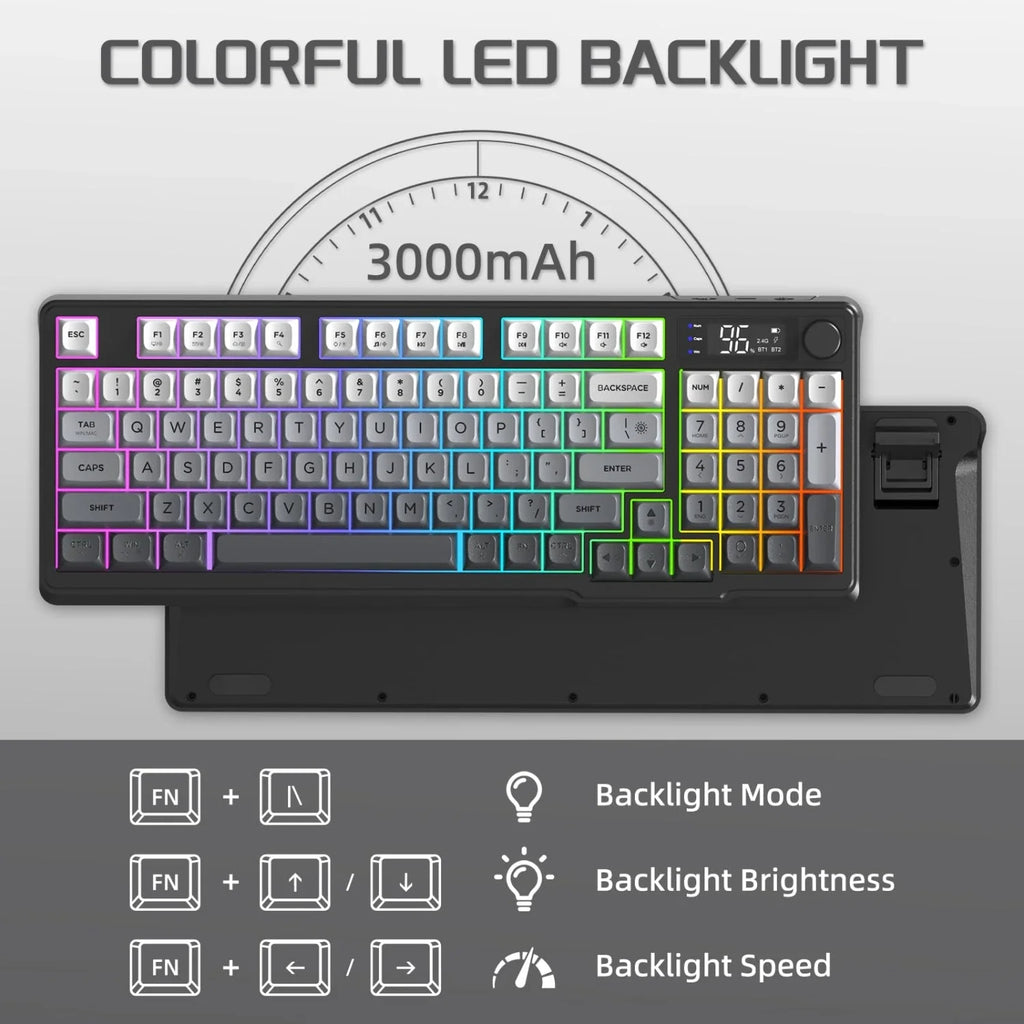 FREEWOLF M96™ Wireless Keyboard & Mouse Combo – Bluetooth 5.0 & 2.4G, Smart Screen, 96 Keys, RGB Backlit, Silent, PBT Keycaps, Multimedia Knob, X7 4000 DPI Mouse | FlipStylez LLC®