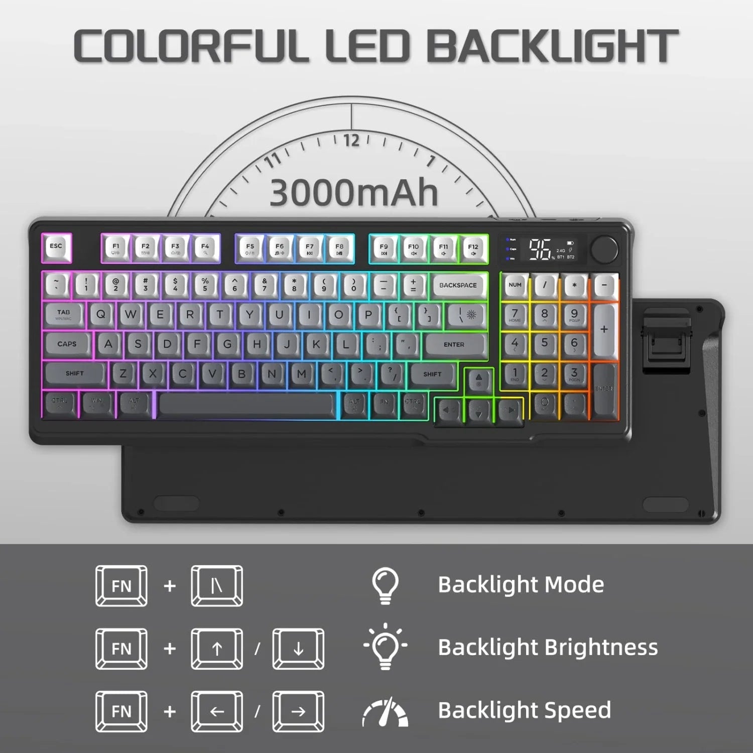 FREEWOLF M96™ Wireless Keyboard & Mouse Combo – Bluetooth 5.0 & 2.4G, Smart Screen, 96 Keys, RGB Backlit, Silent, PBT Keycaps, Multimedia Knob, X7 4000 DPI Mouse | FlipStylez LLC®