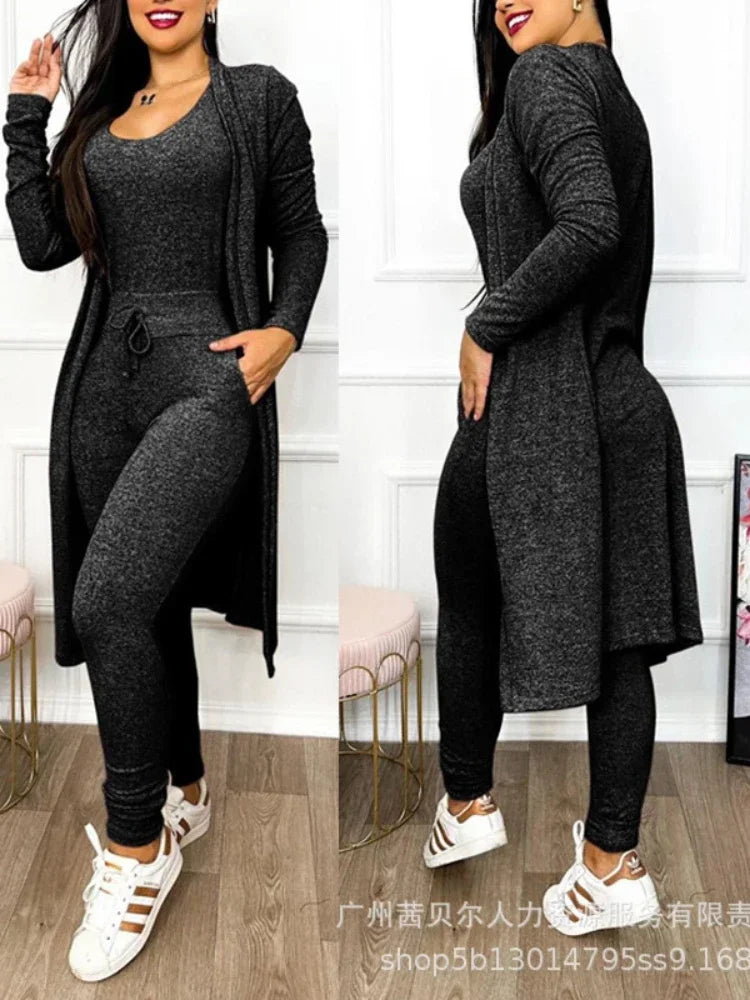 Jumpsuit & Coat Set Autumn Women Drawstring Pocket Pants Sets One