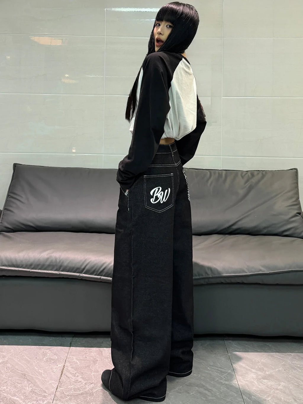 American High Street Cartoon Print Design Black Women's Loose Wide Leg Jeans Y2K Street Fashion Versatile Trousers
