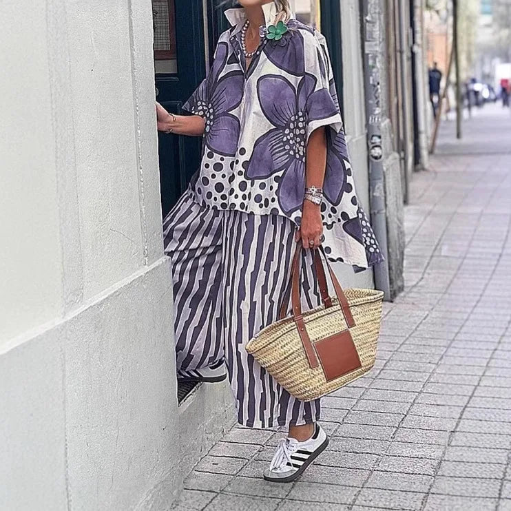 2 Piece Sets Women Summer Print Loungewear Long Pants Sets Vintage