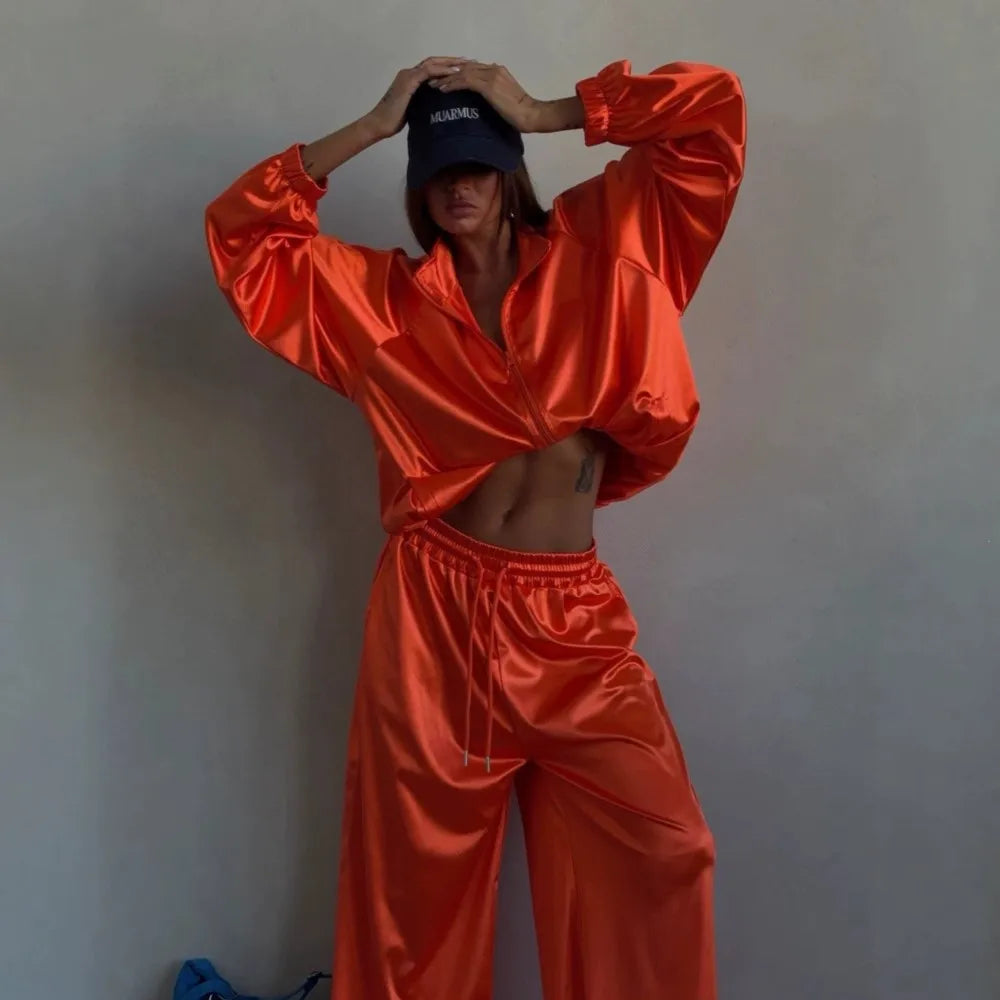 2026spring Autumn New Satin Women's Sports Suit Fashion Zipper Long