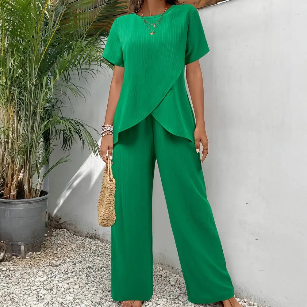Casual Solid Suit Women Summer Fashion Round Neck Short Sleeve
