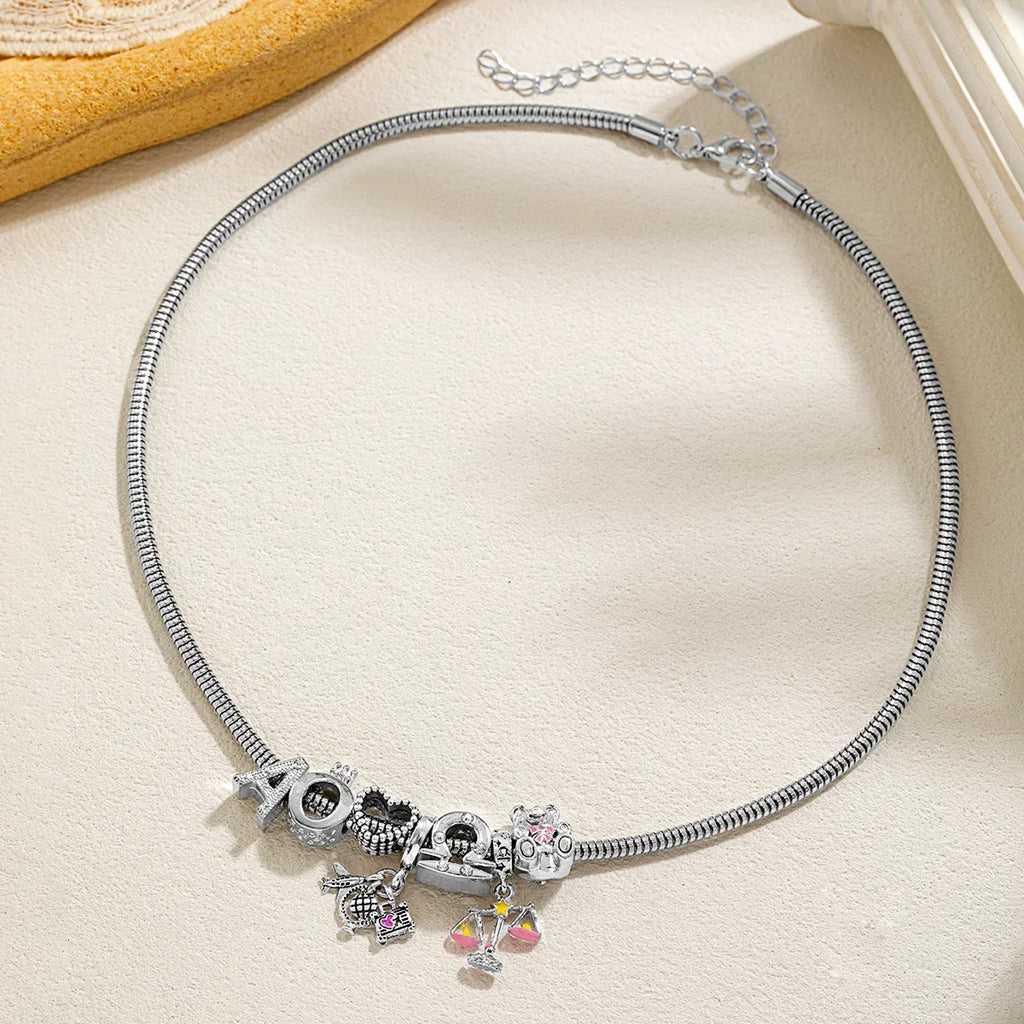 Fashionable Multi Element Cute Bear Libra Pendant Zircon Love Letter Necklace Bracelet Versatile Women's Jewelry Set