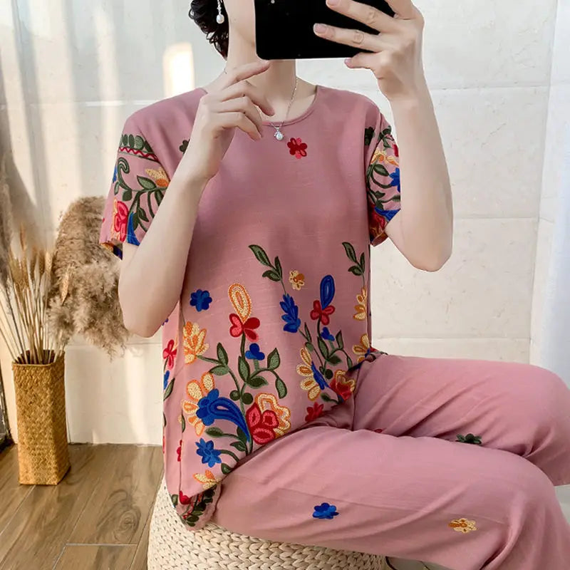 Summer Women Cotton Linen Short Sleeve Set Large Size Middle-Aged
