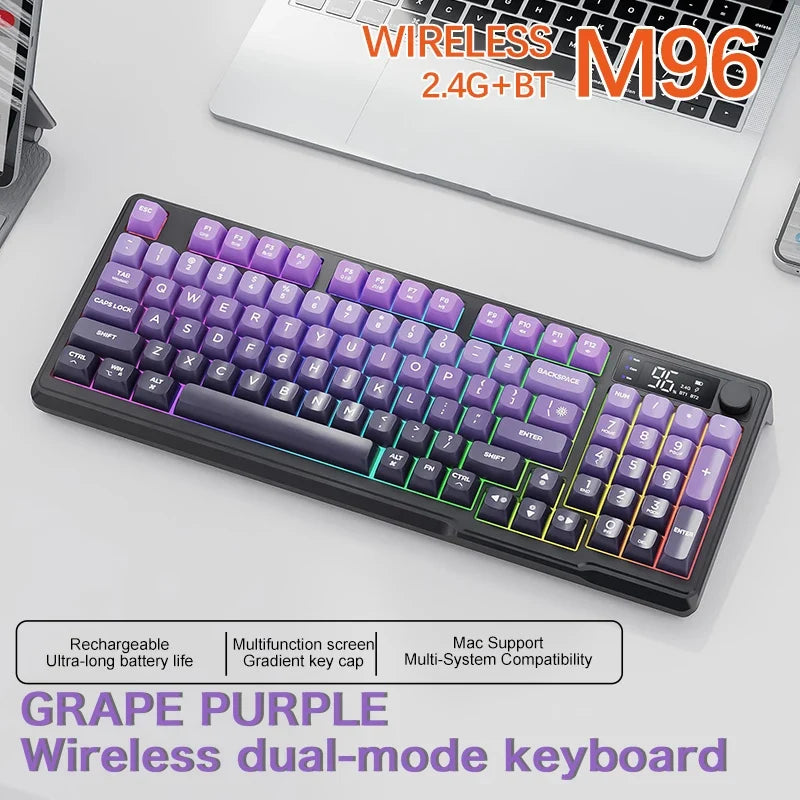 FREEWOLF M96™ Wireless Keyboard & Mouse Combo – Bluetooth 5.0 & 2.4G, Smart Screen, 96 Keys, RGB Backlit, Silent, PBT Keycaps, Multimedia Knob, X7 4000 DPI Mouse | FlipStylez LLC®