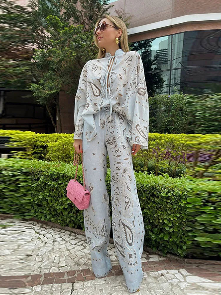 Casual Printed Women's Shirt Trouser Suits Lace Up Long Sleeve Loose