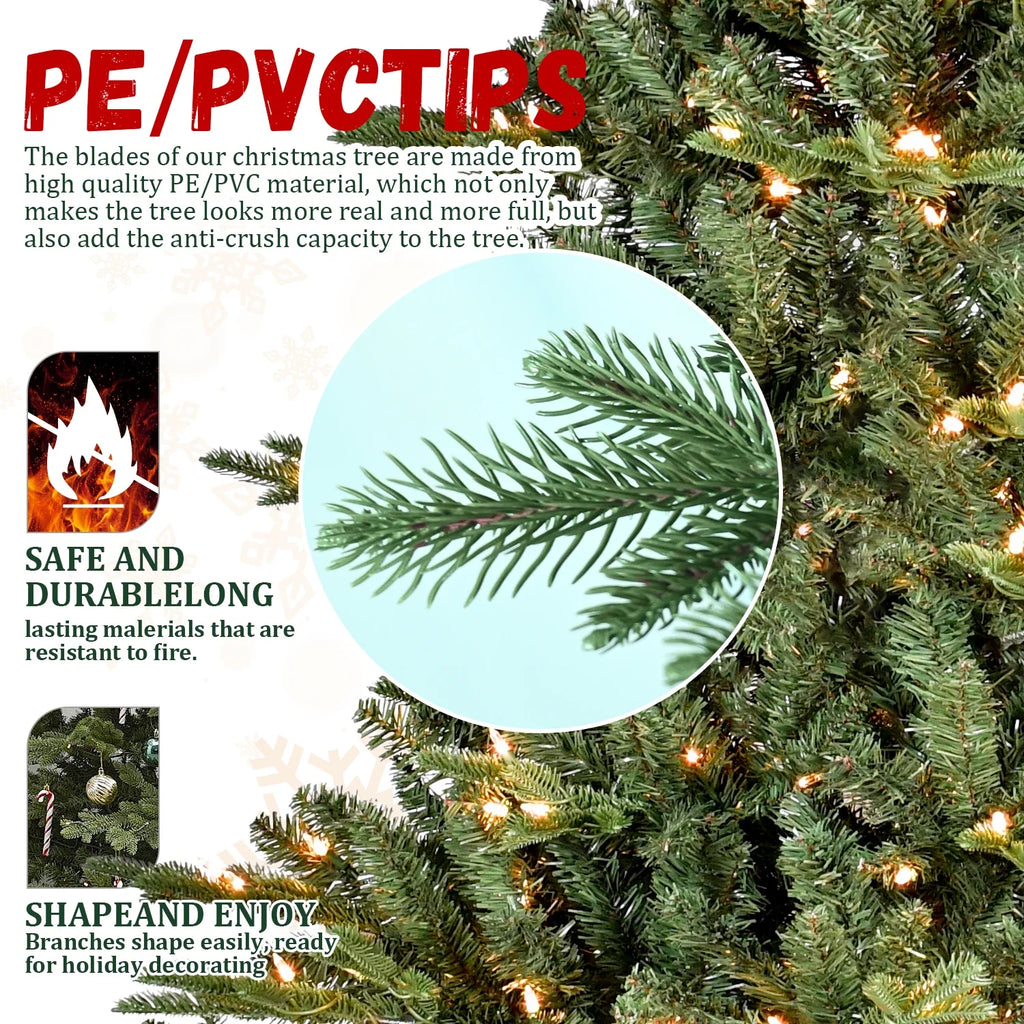 7.5ft Full-Shape Christmas Tree with 850 UL Certified Lights, 2441 PE/PVC Mixed Branch Tips, Hinged Easy Setup Artificial Tree with Wide Base and Metal Stand, Green