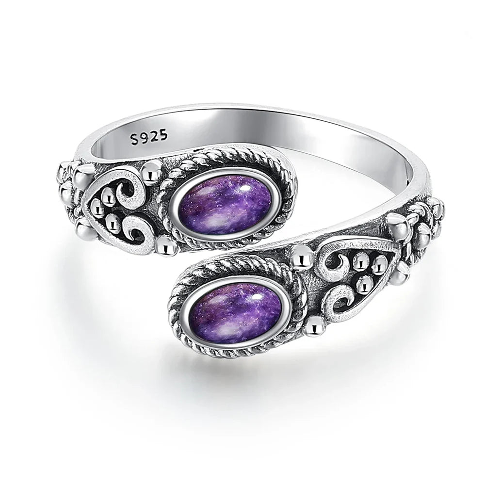 925 Vintage Silver Ring with Natural Moonstone 6*8mm Adjustable Rings