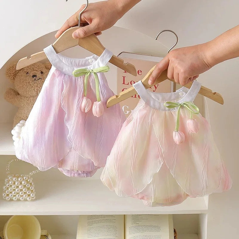 Adorable 0-24m Baby Girls Tulip Decor Bodysuit Summer Halter Sling