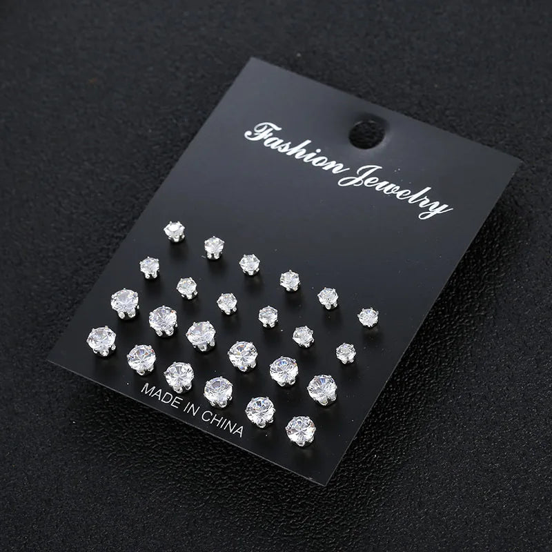 12/24/36 Pairs Shiny Zircon Stud Earrings Set Daily Versatile Chic