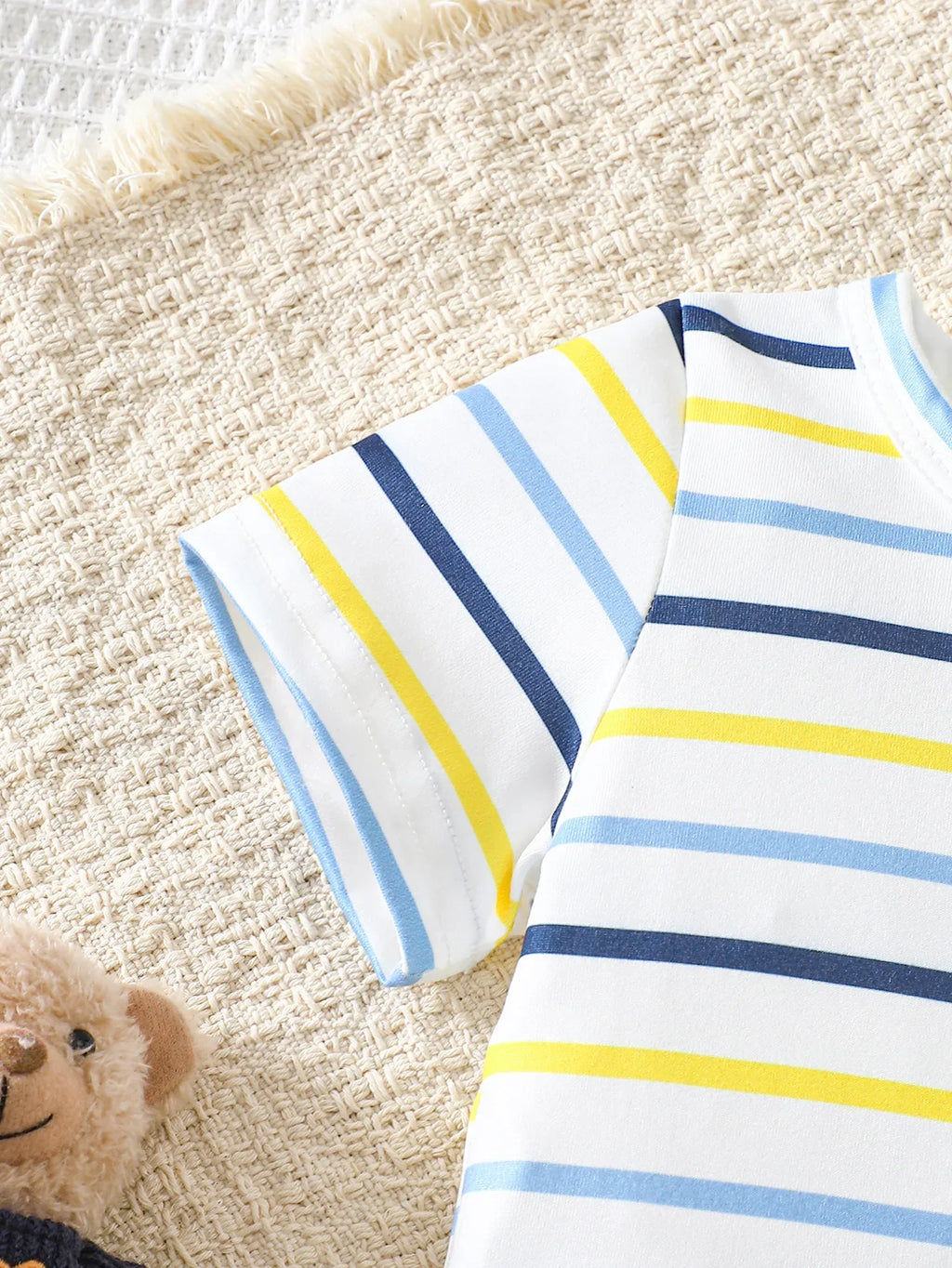 Baby Boy Striped Short-Sleeved T-Shirt + Bear Denim Overalls Shorts