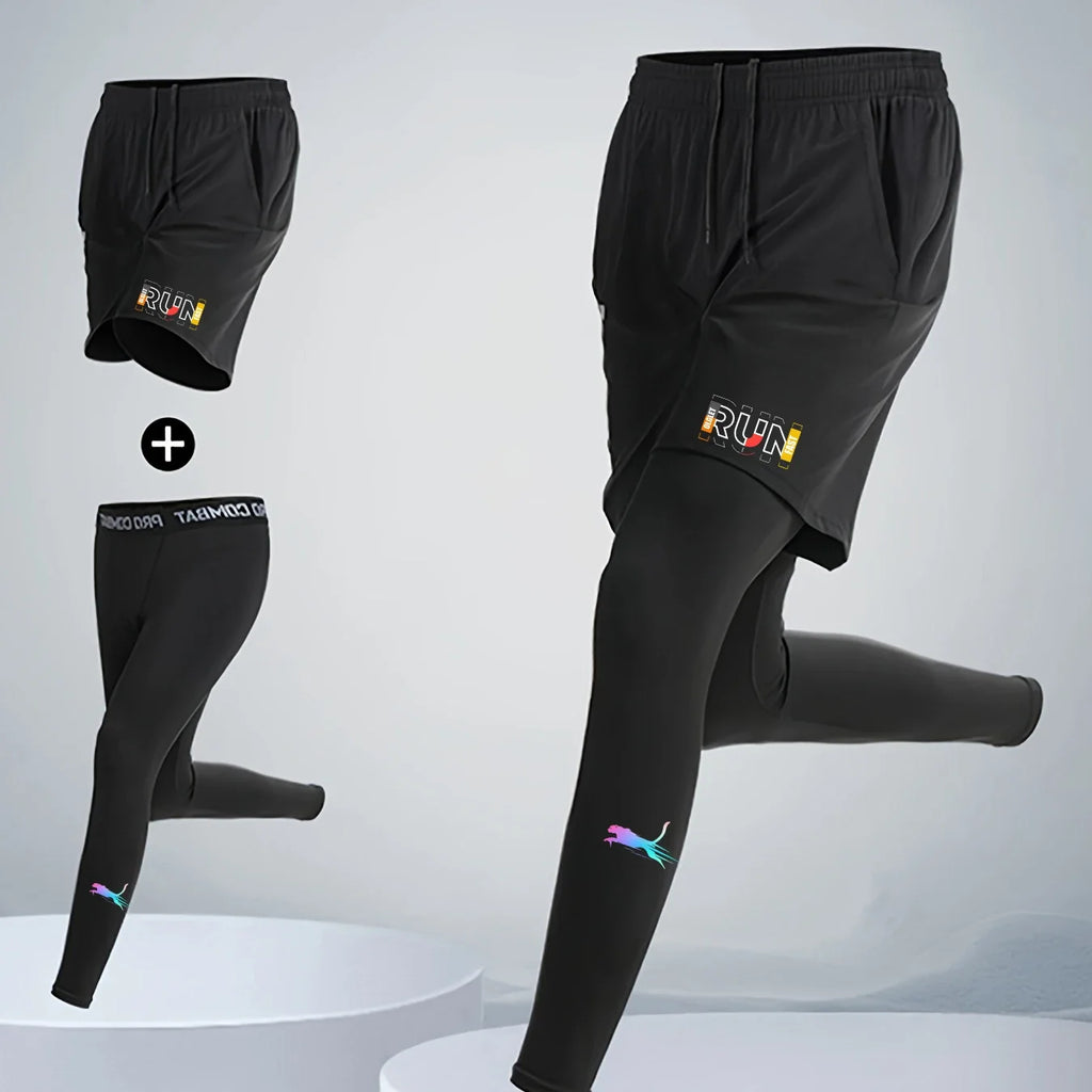 Men's Running Jogging 2 Piece Set Quick Dry Sports Shorts and Compression Tights Athletic Training Wear
