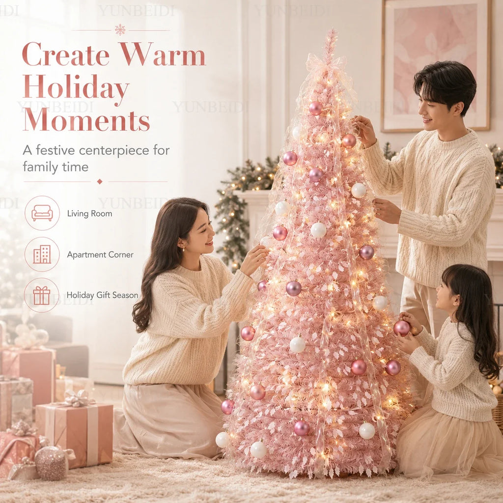 Pink Integrated Foldable Christmas Tree with Ornaments LED Lights High-end Christmas Tree 1.5M/1.8M Family Christmas Decorations