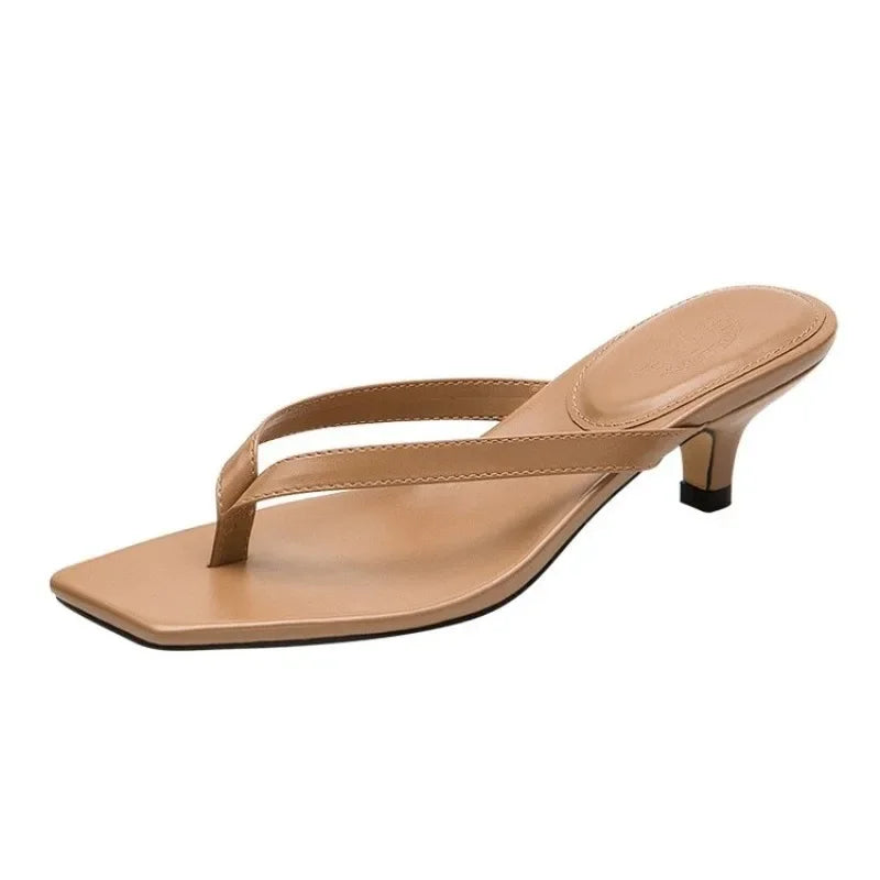 Square toe clip sandals for women 2023 summer new high heel flip-flops large size slim heel women's outdoor leather slippers
