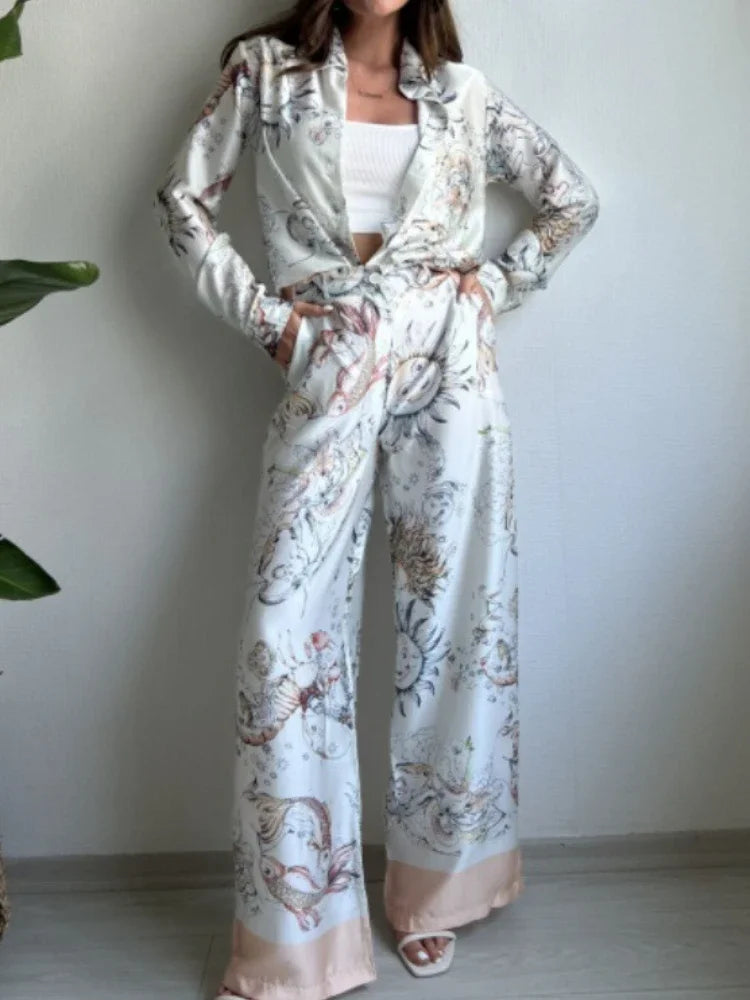 2 Pieces Set for Woman Summer New Elegant Print Long Sleeves Shirt