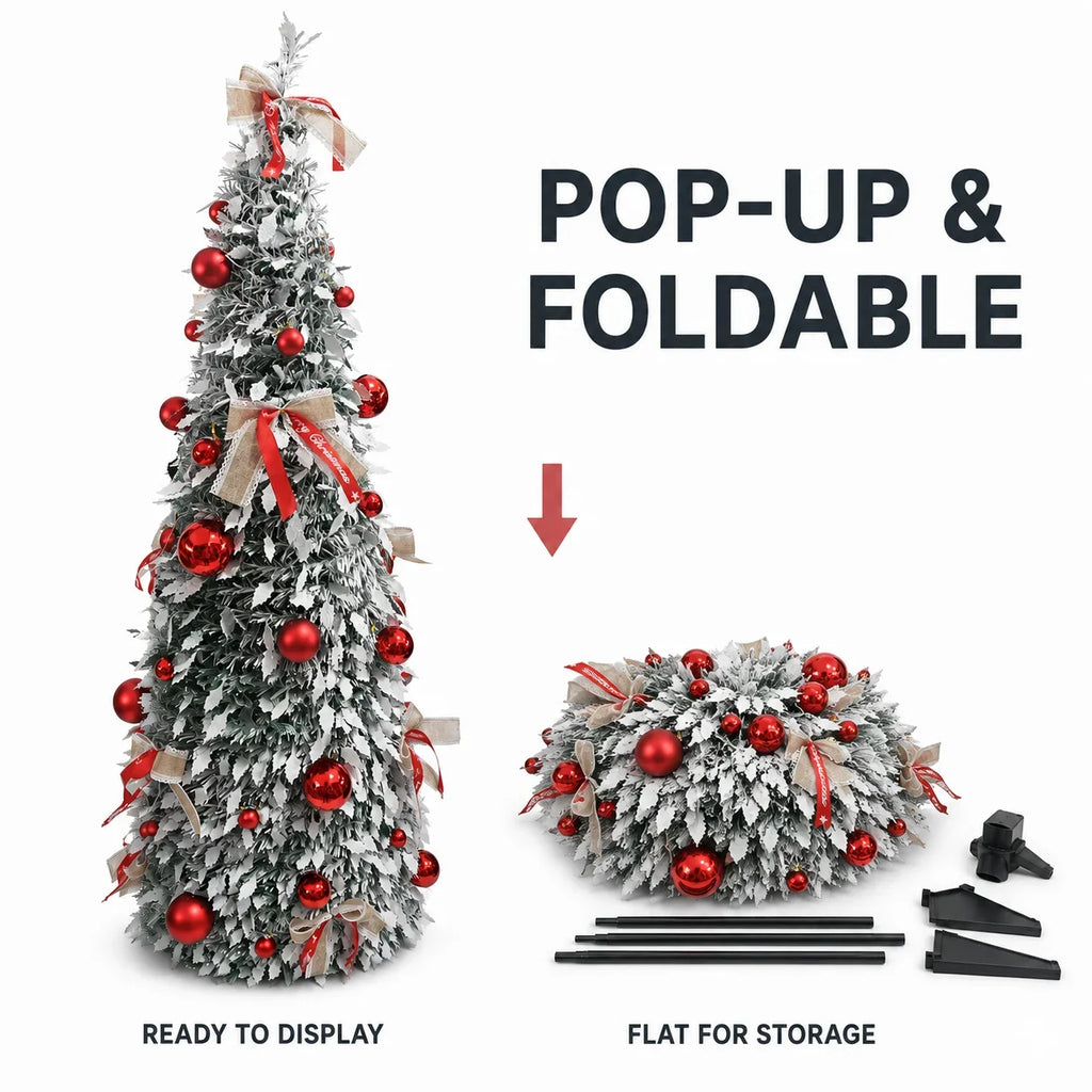 150cm/180cm/210cm Pop Up Collapsible PVC Artificial Christmas Tree Pre Decorated Optional USB LED Lights Metal Stand Home Decor