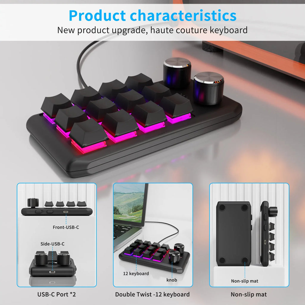 Bluetooth Programming Macro Custom Keyboard RGB 12 Keys 2 Knobs Copy Paste Photoshop Gaming Keypad Mechanical Hotswap Macropad