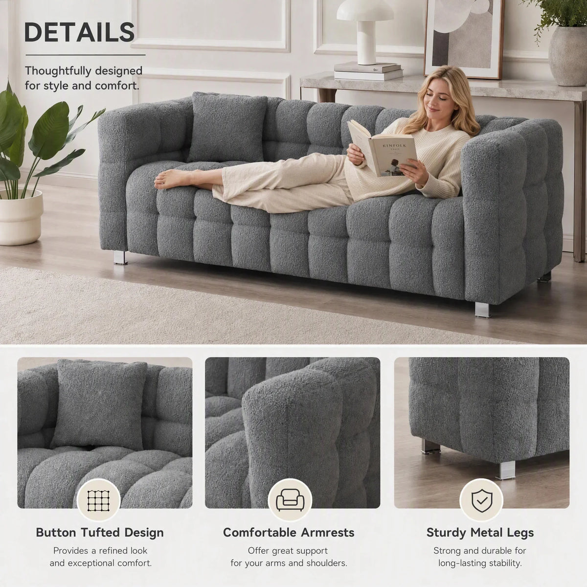 80-Inch Modern Teddy Fleece Sofa, With 2 Cushions 3-Seater  Sofa Suitable for Living Room Bedroom or Apartment Comfortable Deep-Set Leisure Furniture Wide Armrest Design Easy to Assemble