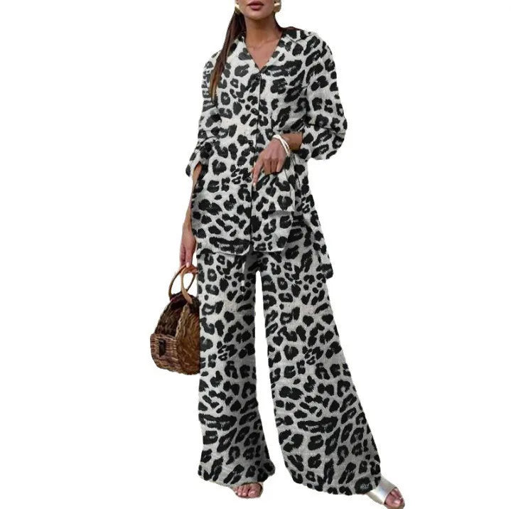 Autumn Fashion Leopard Print Women's Suit Two-Piece Retro Street Print