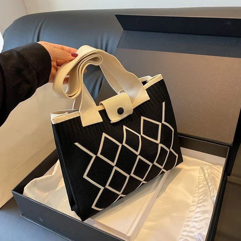 Rhombus Line Knitted Hand Bag Female All-Match Snap Button Portable Tote Bag Large Capacity Student Fine Needle Wallet Autumn