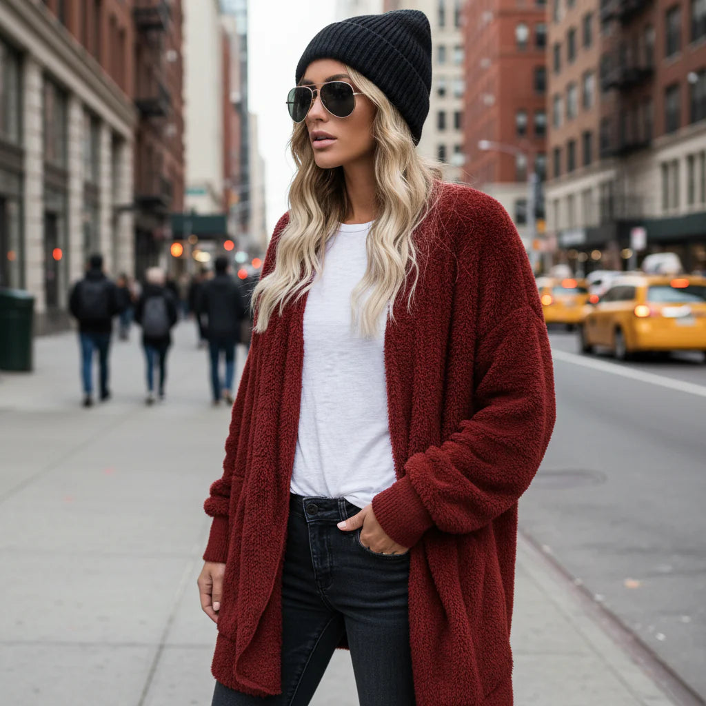 Double Fleece Plush Hooded Cardigan Jacket Women