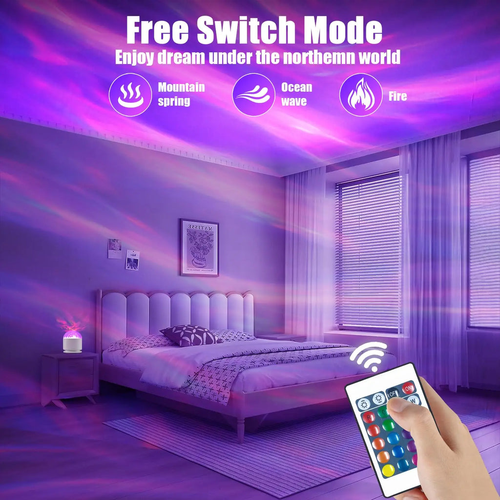LED Aurora/Water Ripple Projector Light Starry Sky Galaxy Night Light Remote 16 Colors Auto Rotate Ambient Light for Home Room
