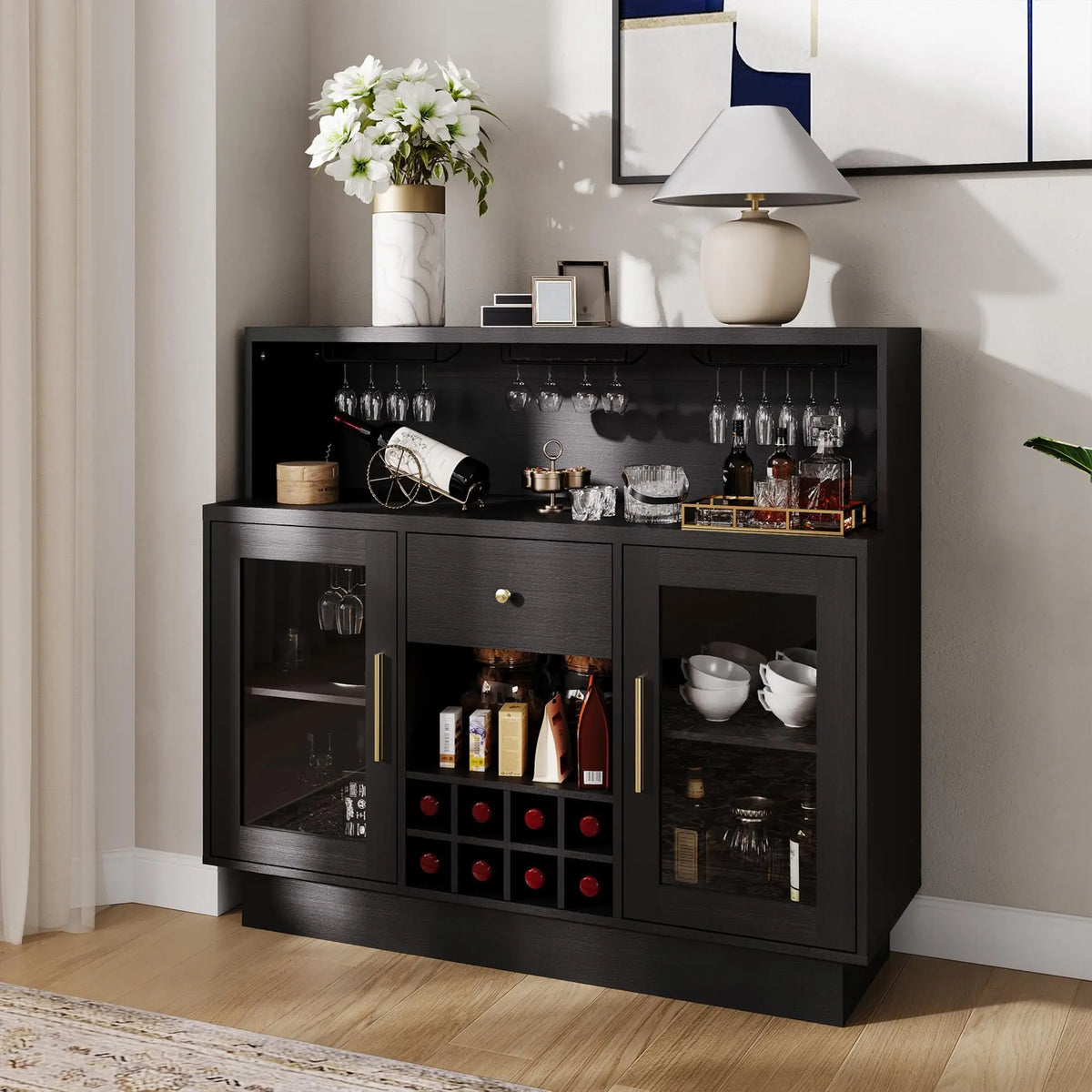 47" LED Wine Bar Cabinet With Glass Doors, 8 Bottle Rack, 15 Glass Holder, Drawers & Charging Station For Dining Room Kitchen