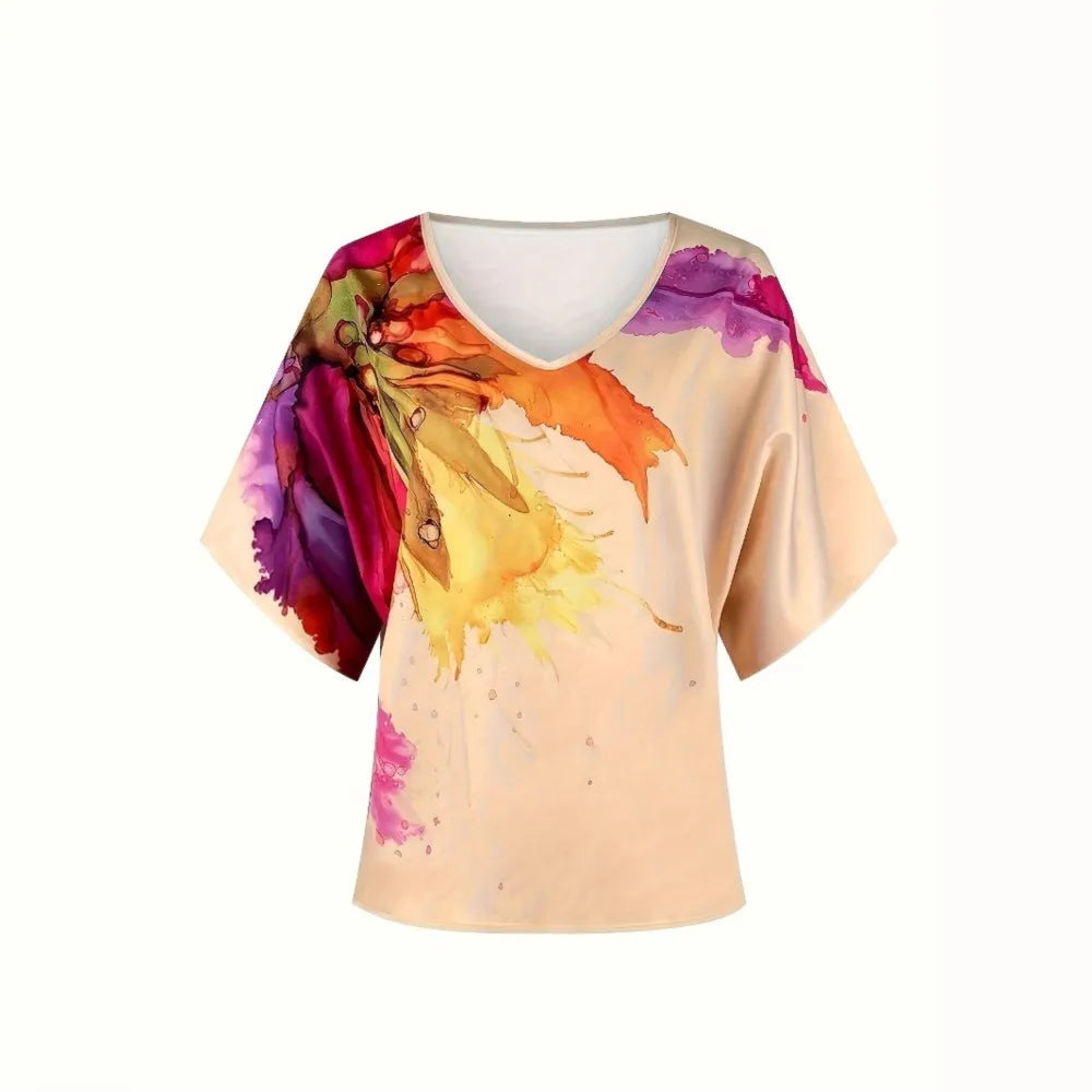 Autumn Print Two-Piece Set Women V-Neck Bat Sleeve Set Top Casual