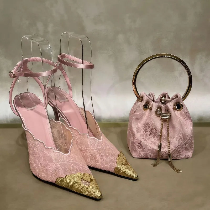 2026 Summer Fashion Lace Sequin Hollow Out Mesh Women Pumps Sexy Pointed Toe Designer Slingback Sandals Women High Heels 34-41
