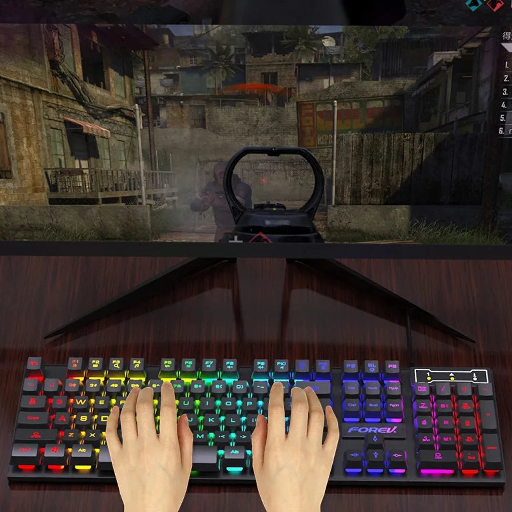 Kebidumei™ 104-Key Backlit Mechanical-Feel Wired Gaming Keyboard & Mouse Set – 3-Color Rainbow Backlit, Waterproof, Laser-Engraved Floating Keycaps, USB, PC & Laptop | FlipStylez LLC®